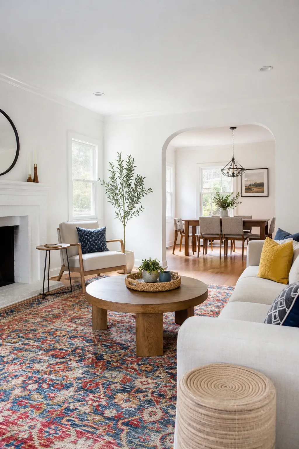 white walls with bold accents in a living room