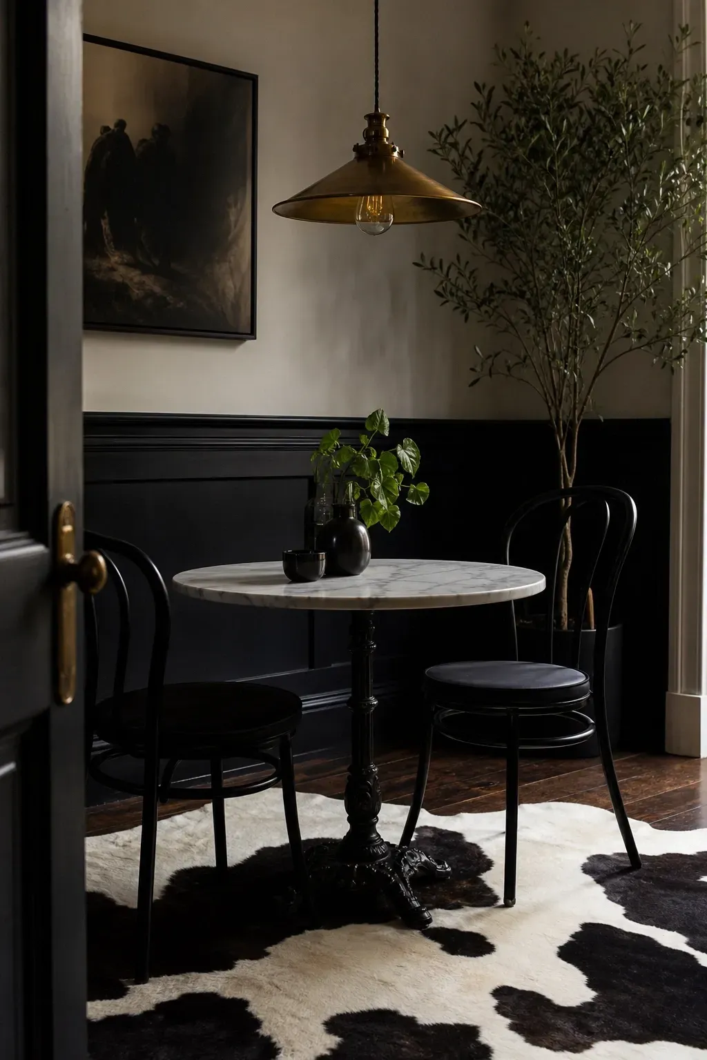 cowhide rug under a bistro table in a dining room