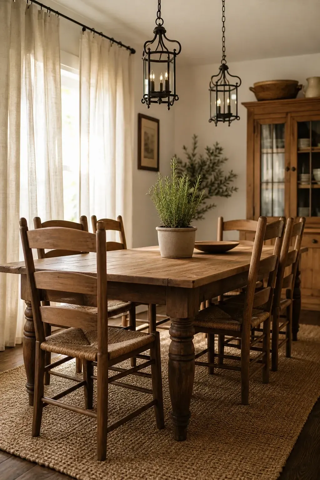 jute flatweave with a farmhouse table in a dining room
