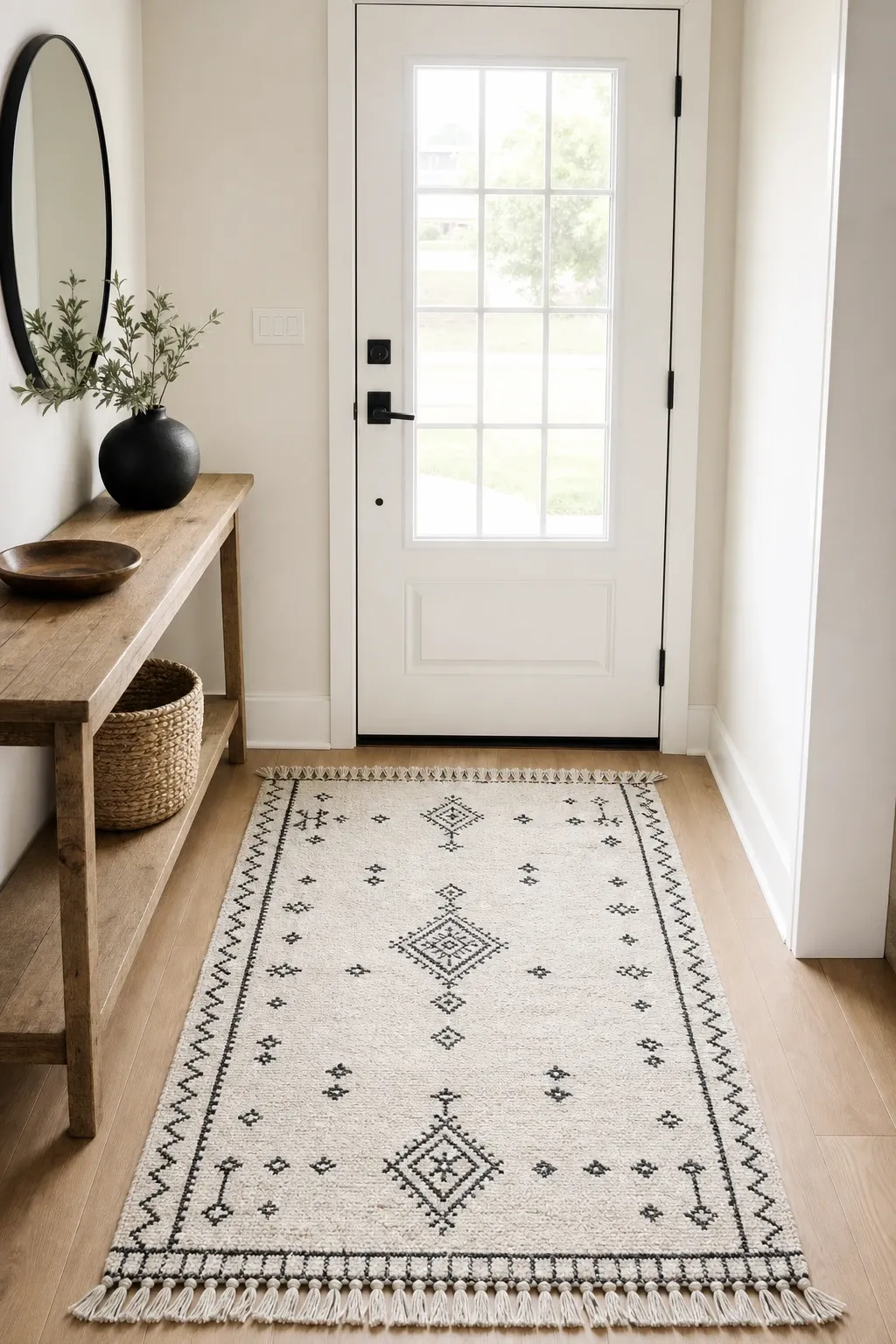 black and white flat weave in a entryway