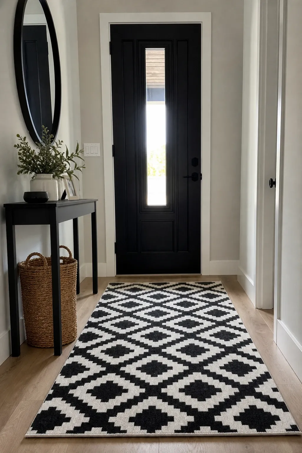 geometric contrast rug in a entryway