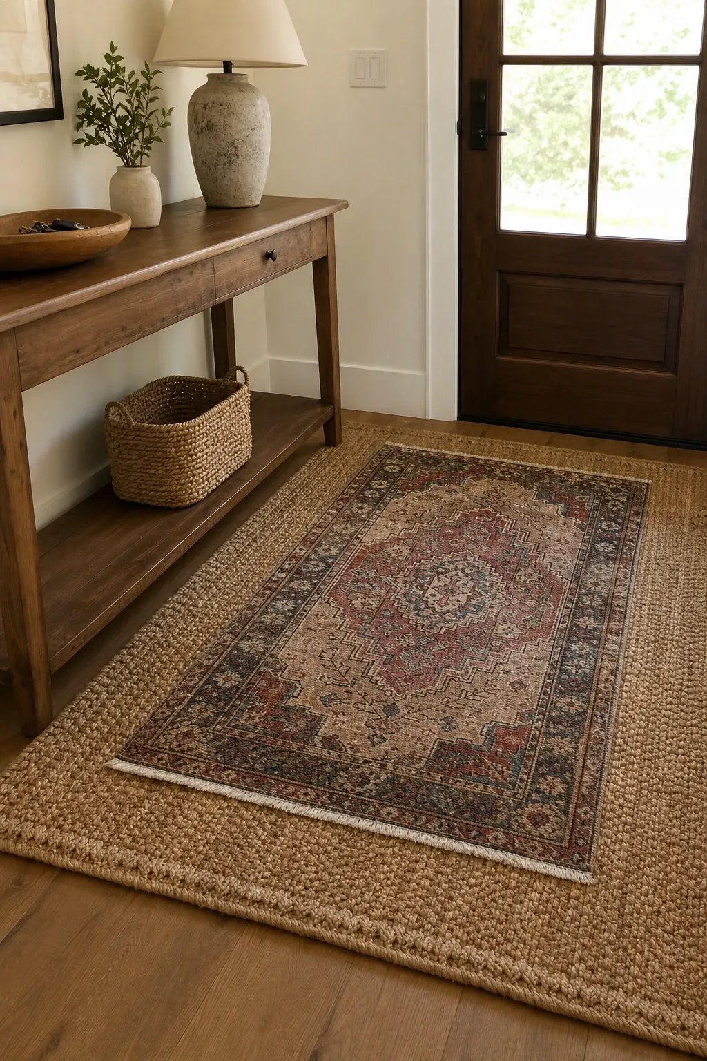 layered rugs in a entryway