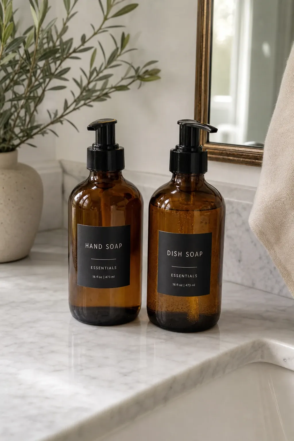 amber glass apothecary bottles in a bathroom