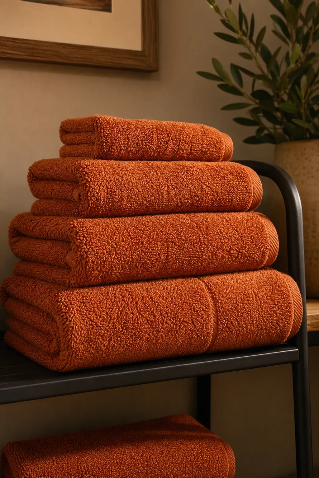 burnt orange towels in a bathroom