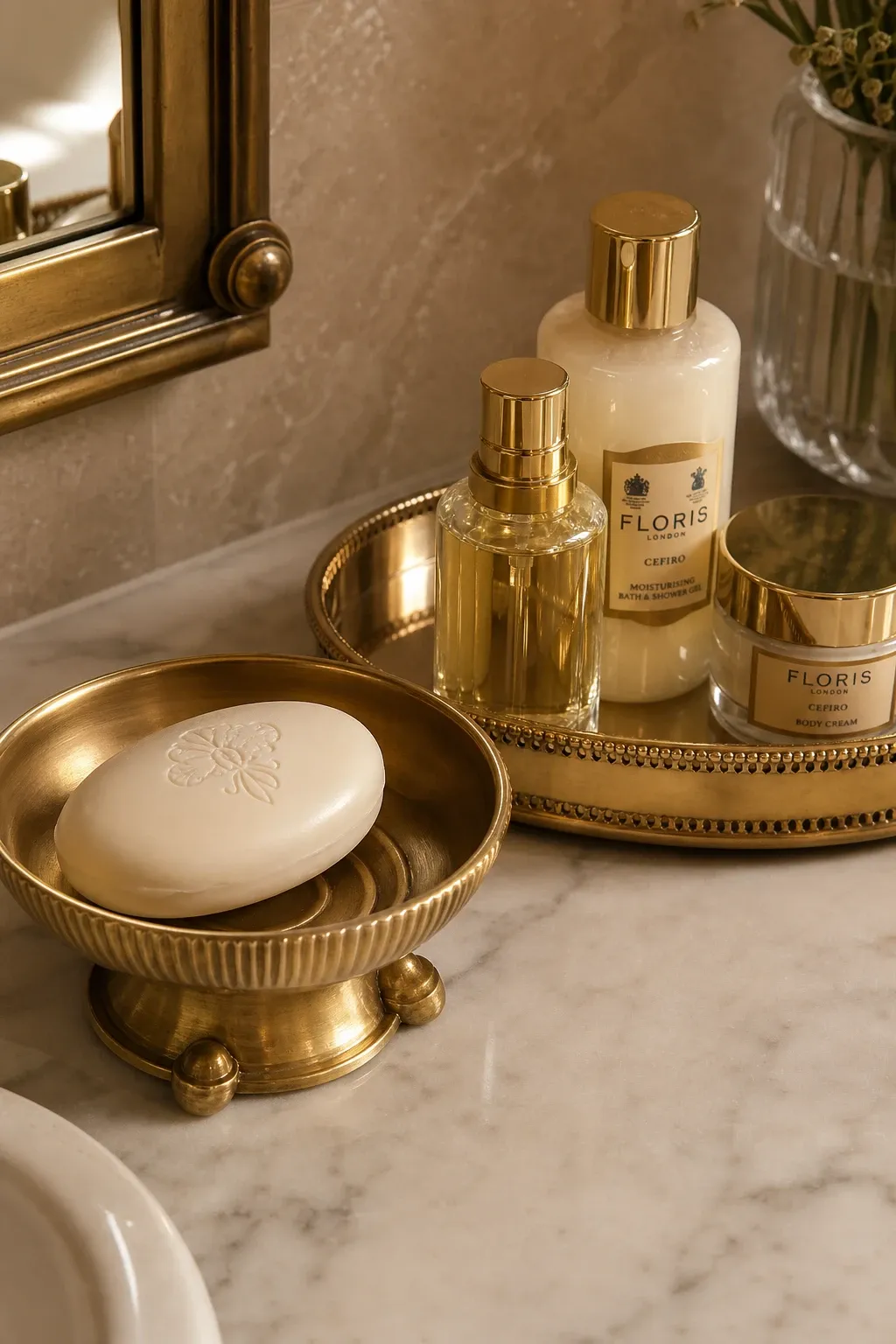copper or bronze accessories in a bathroom