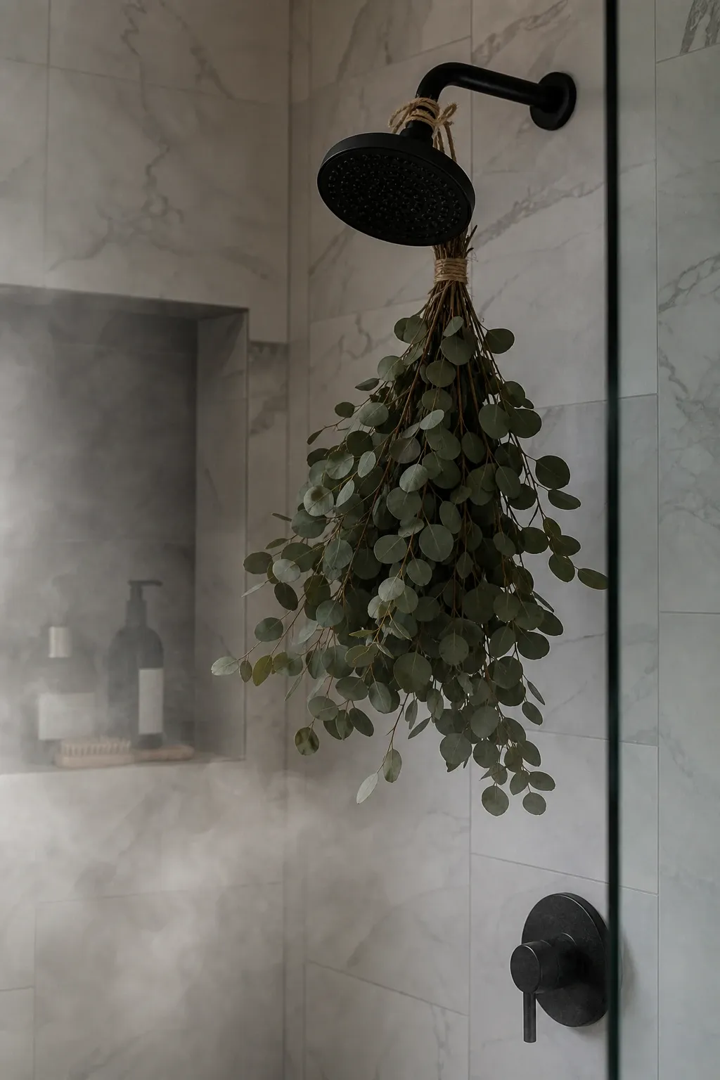 dried eucalyptus and wheat bundles in a bathroom