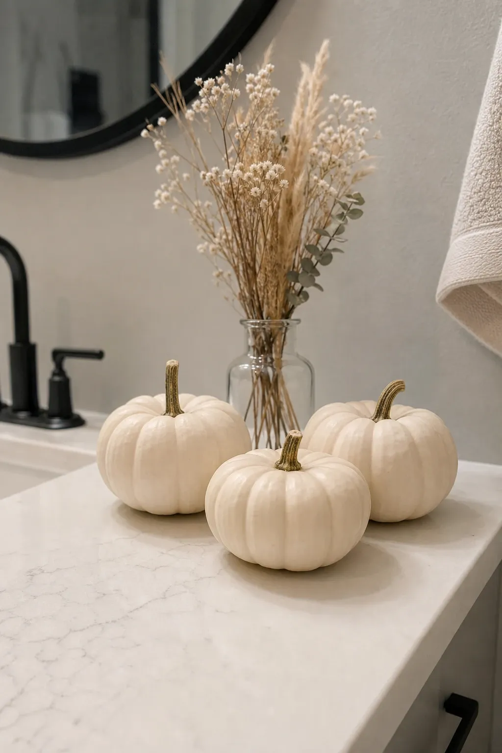 mini white pumpkins on the vanity in a bathroom