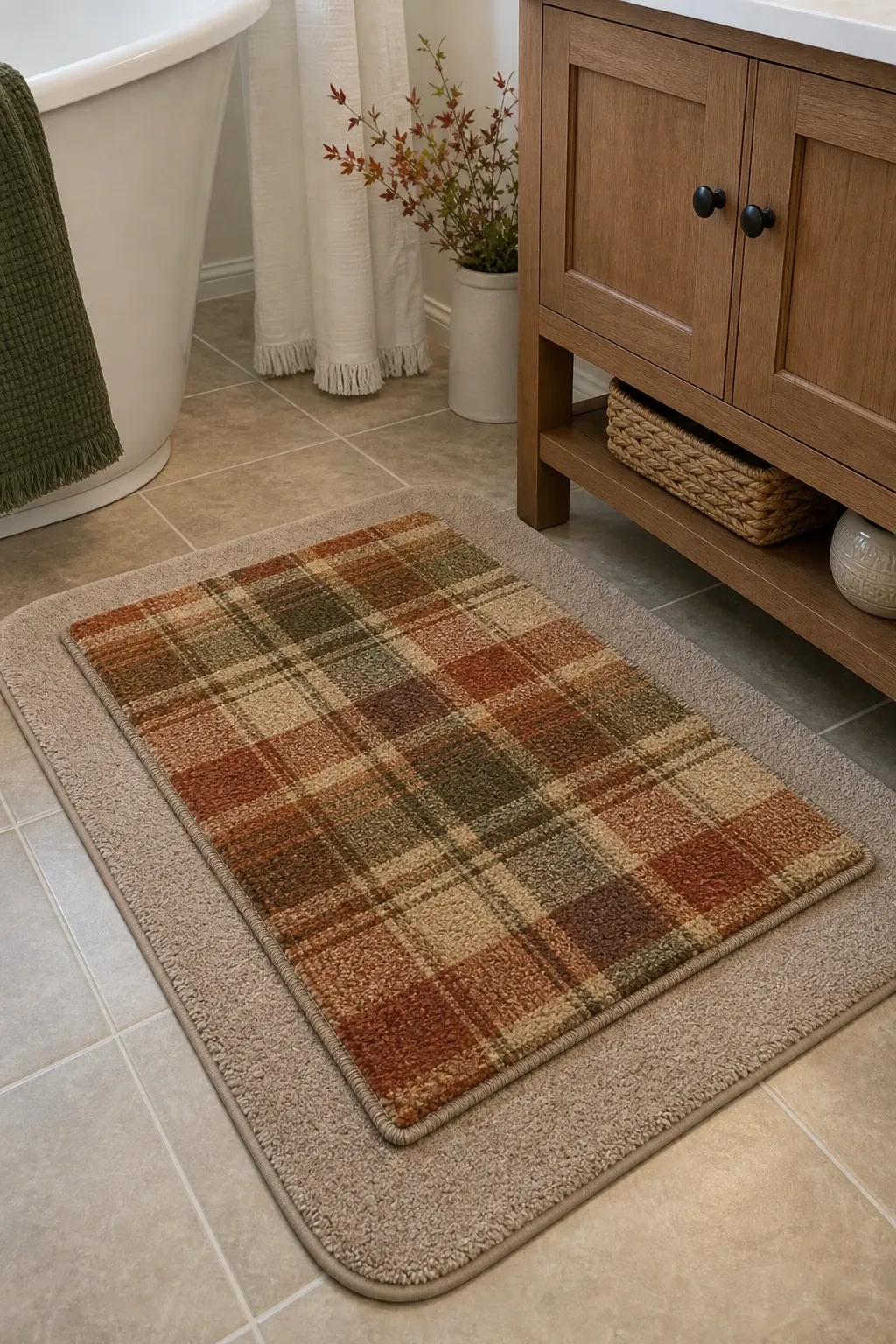 warm-toned shower curtain in a bathroom
