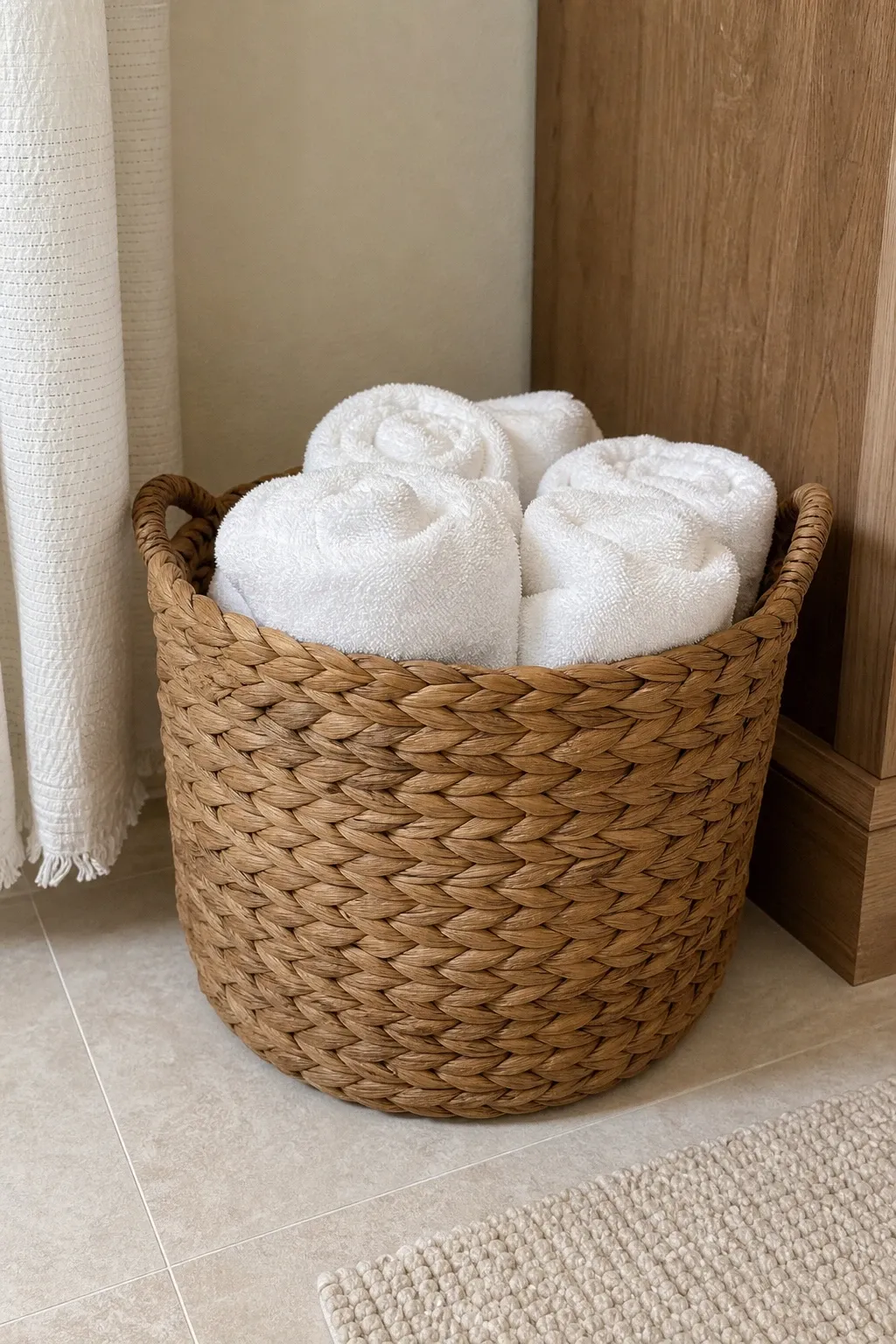 woven baskets for storage in a bathroom