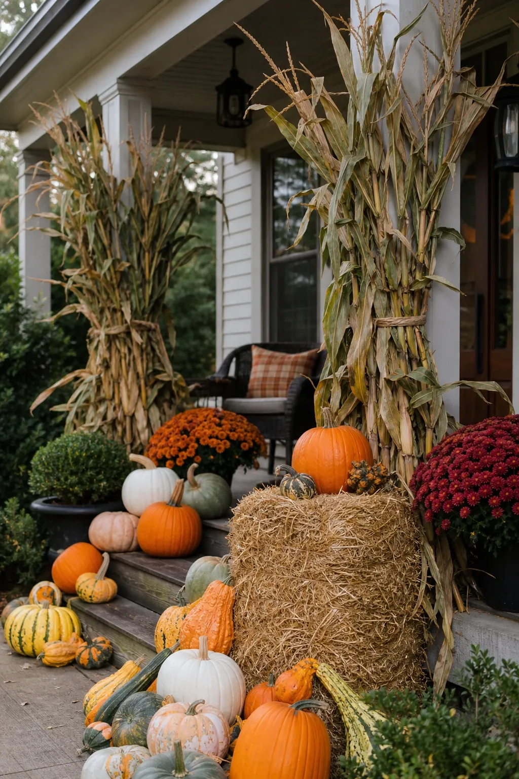 pastel painted pumpkins in a porch