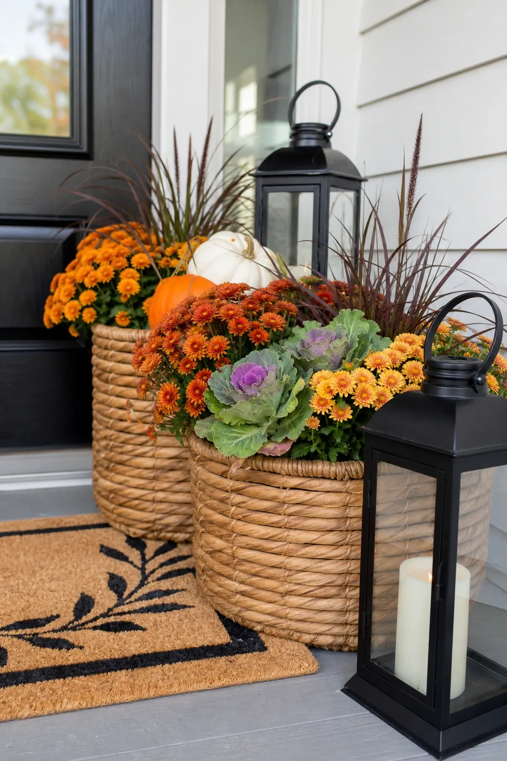 pumpkins and wreath combo in a porch
