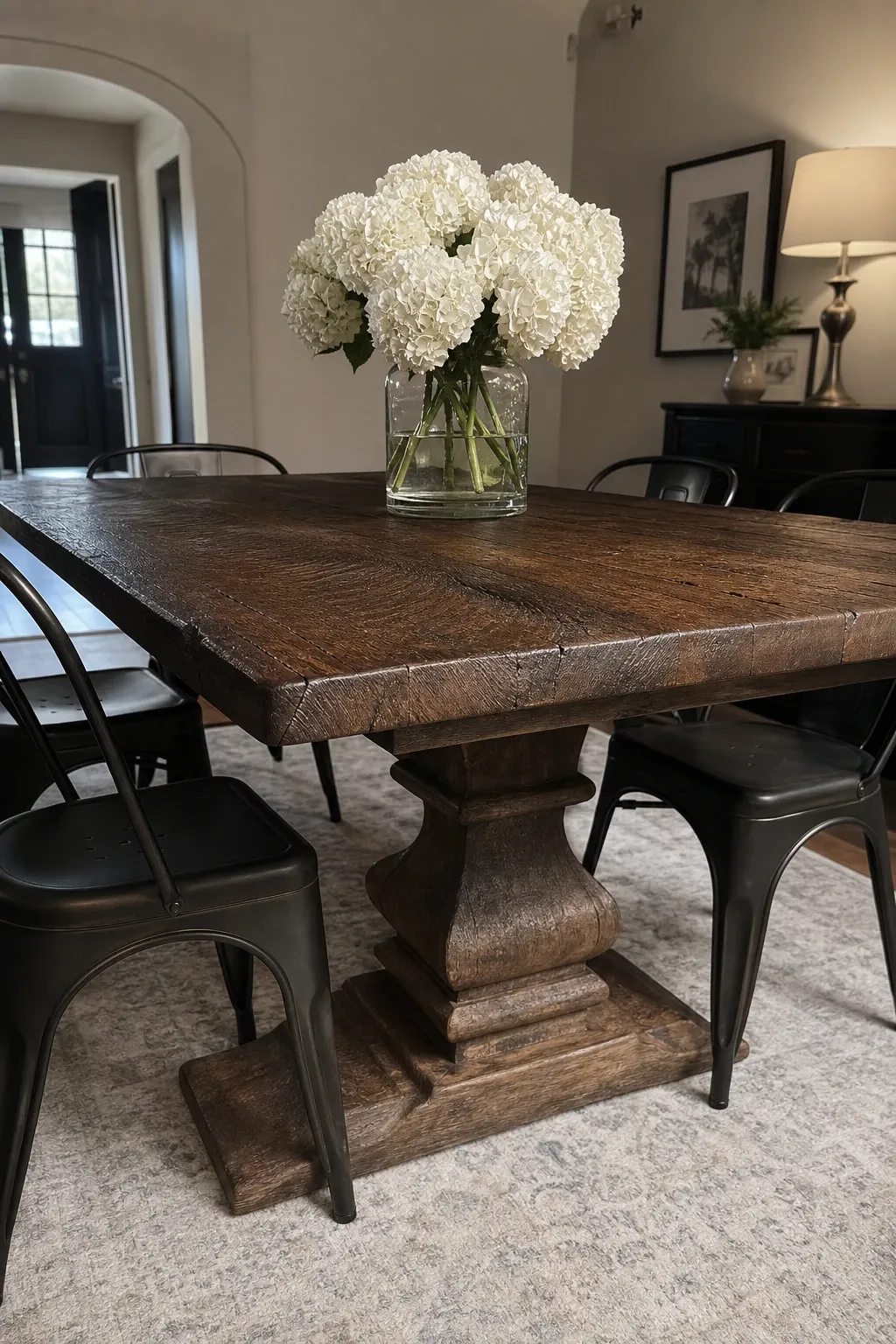 farmhouse table with built-in storage in a dining room