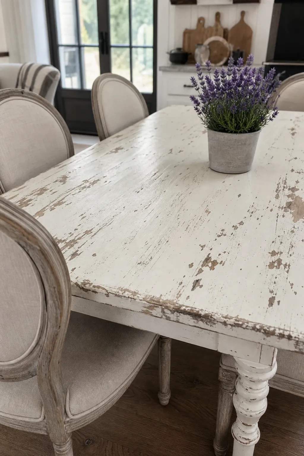 metal and wood industrial farmhouse table in a dining room