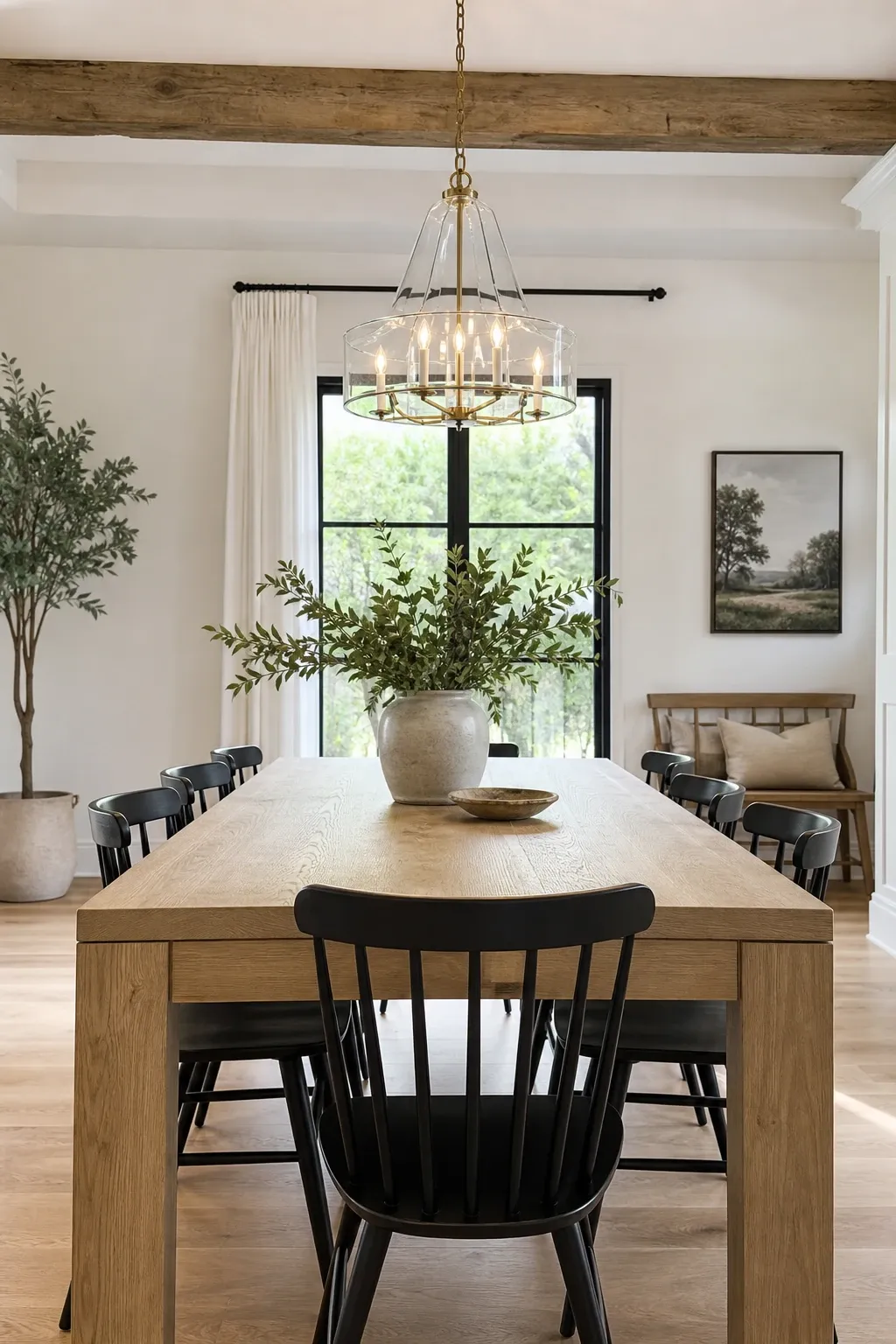 pedestal farmhouse table in a dining room