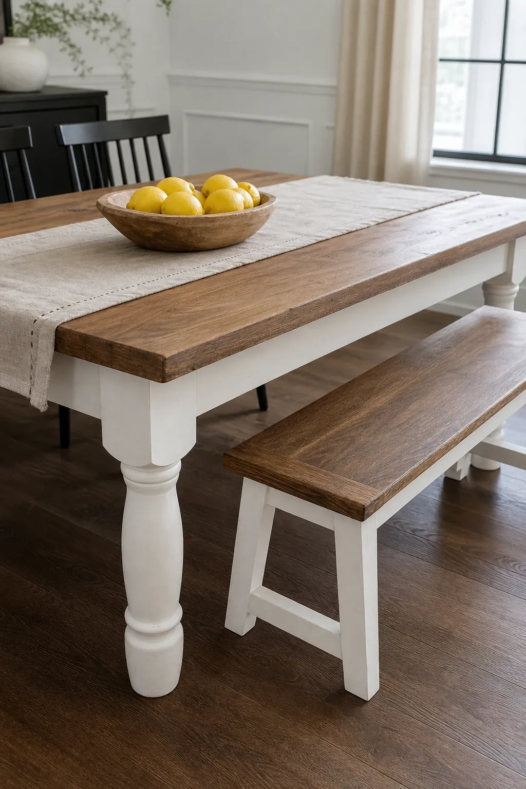 round farmhouse table in a dining room