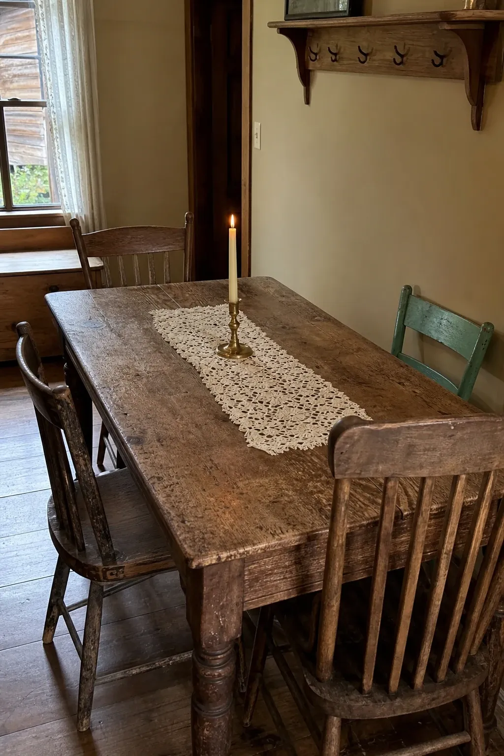 sawbuck base table in a dining room