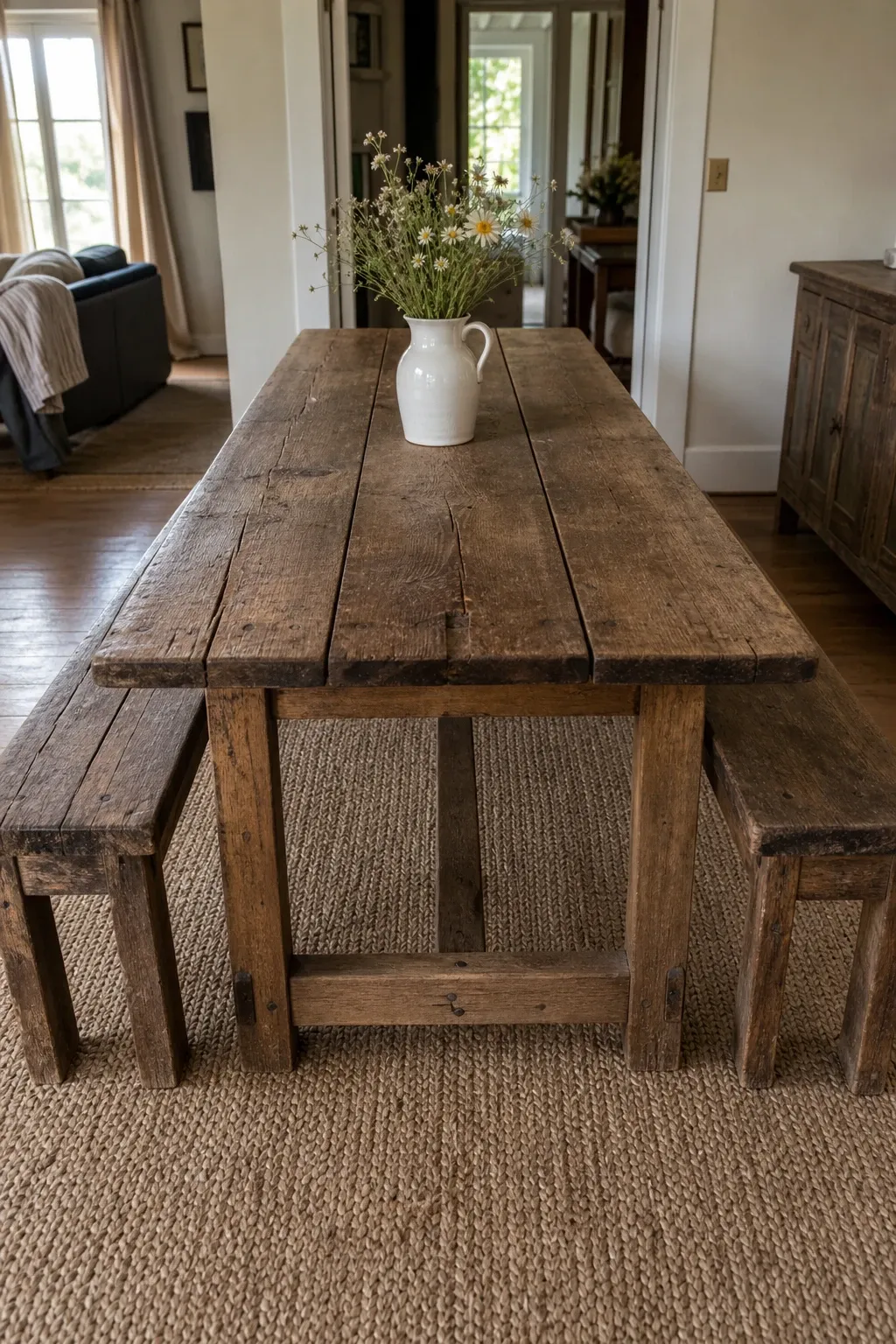 turned leg farmhouse table in a dining room