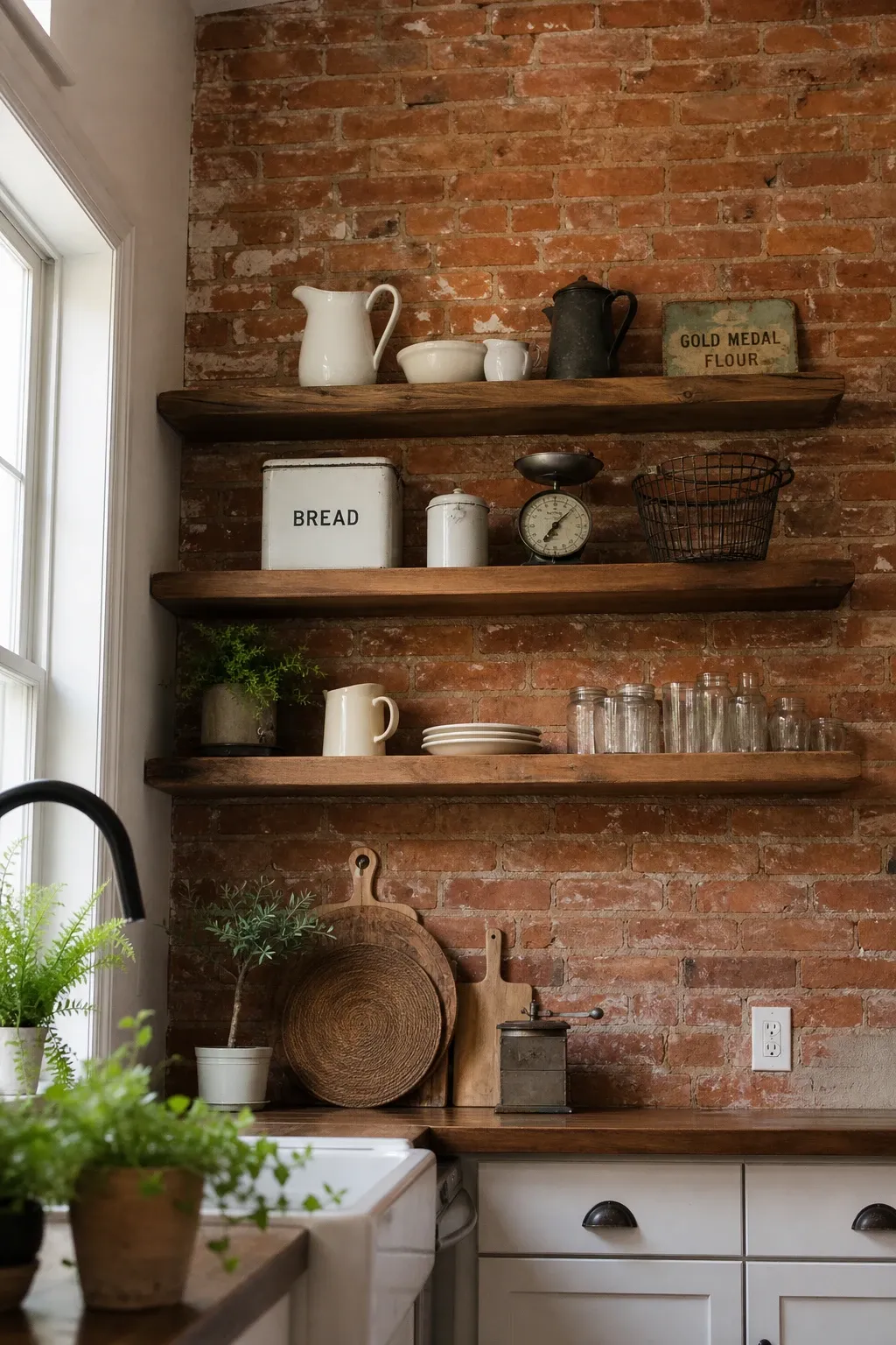 exposed brick accents in a kitchen