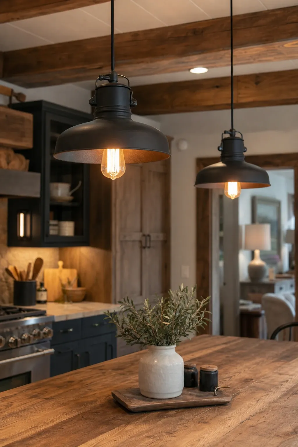 industrial lighting fixtures in a kitchen