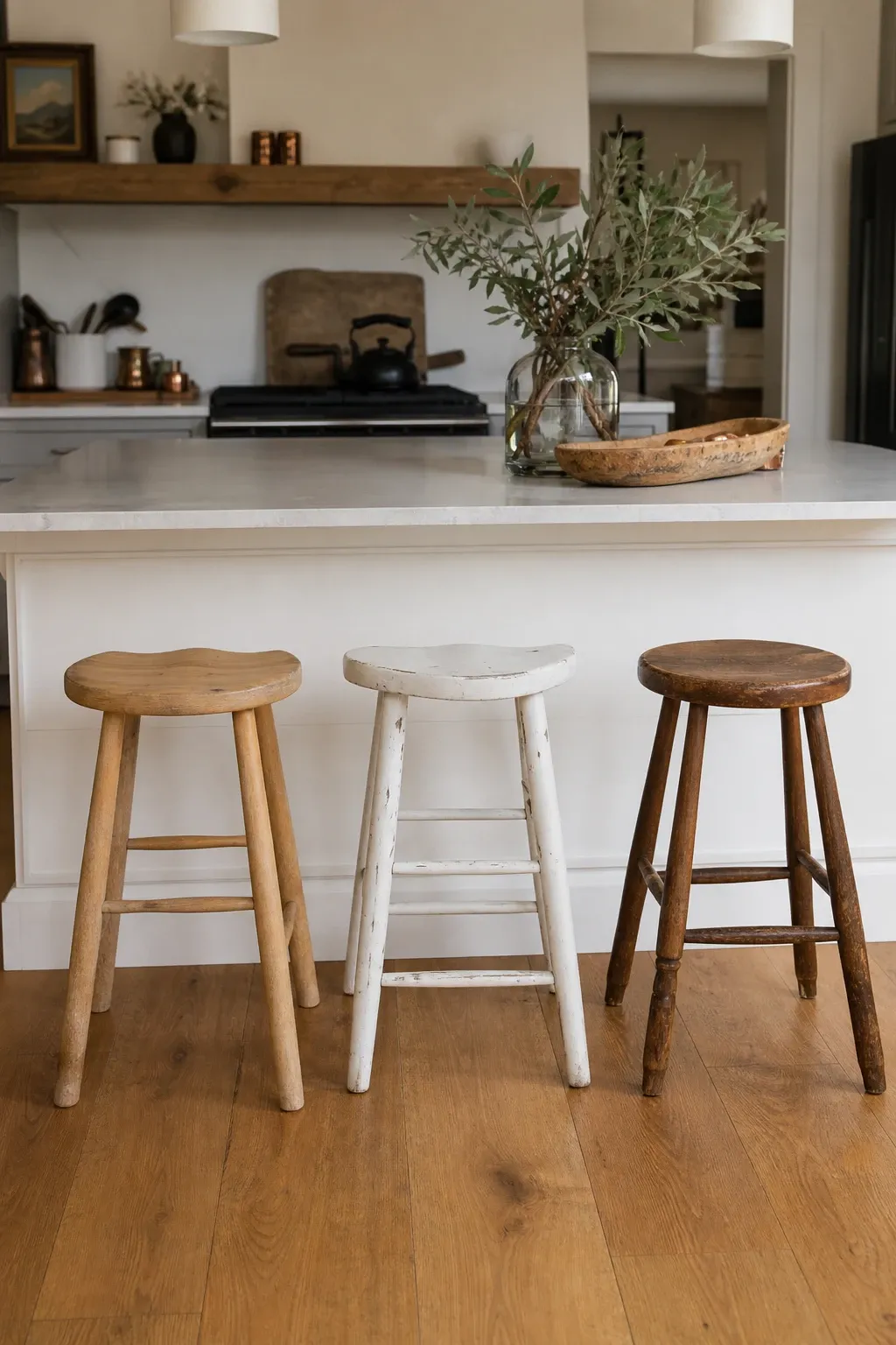 mismatched stools and seating in a kitchen