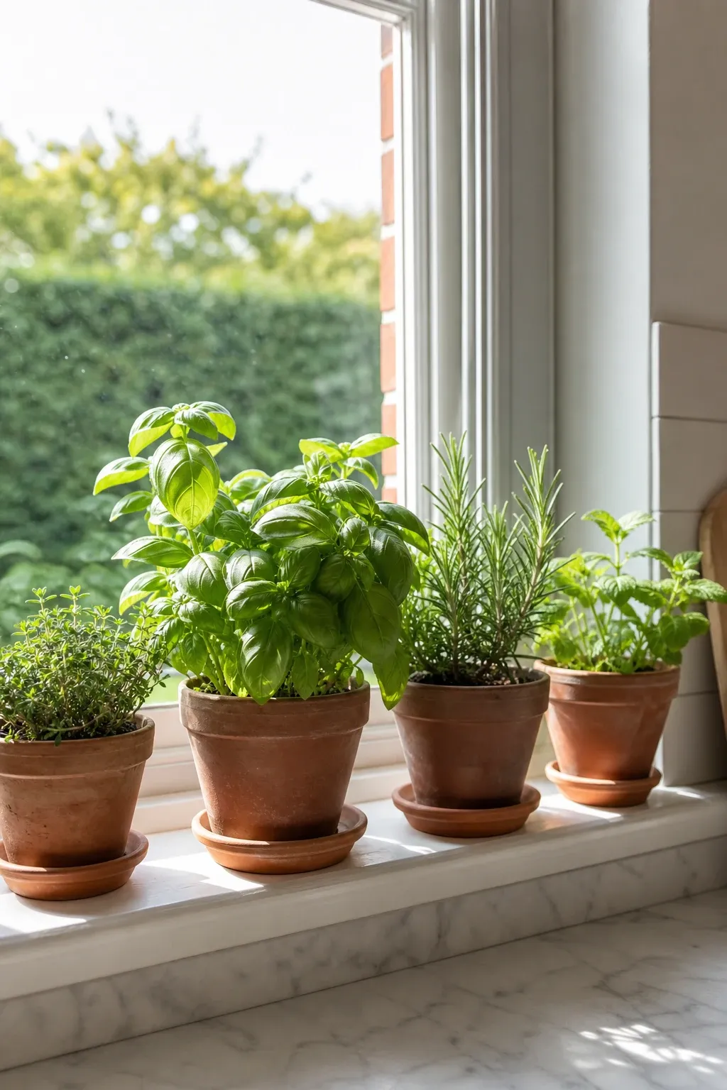 potted herbs and citrus in a kitchen