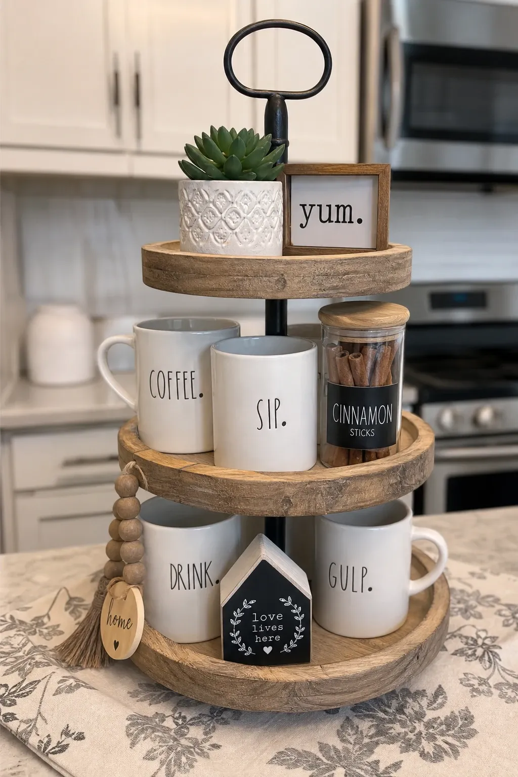 tiered tray display in a kitchen