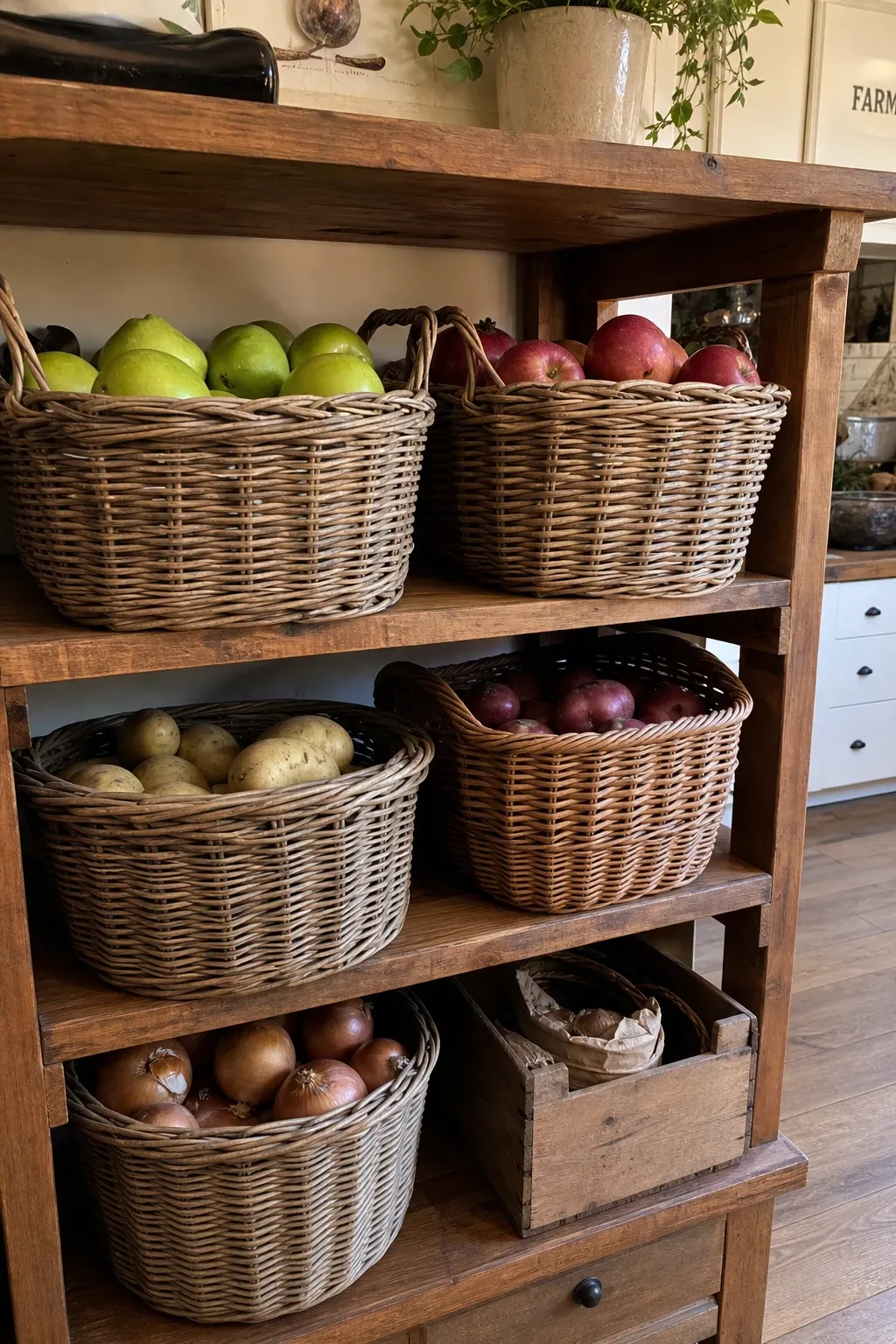 wicker baskets for texture and storage in a kitchen