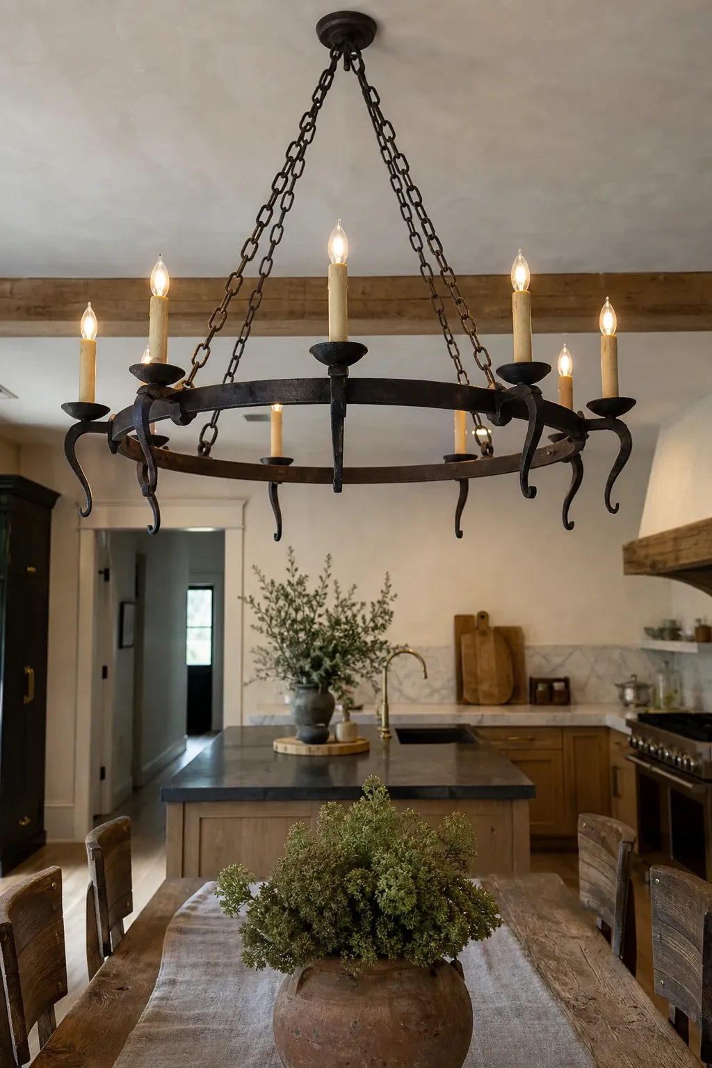 wrought iron chandelier in a kitchen