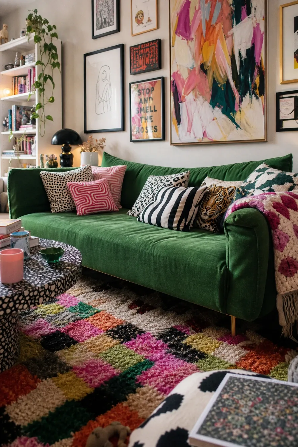 colorful maximalist mix in a living room