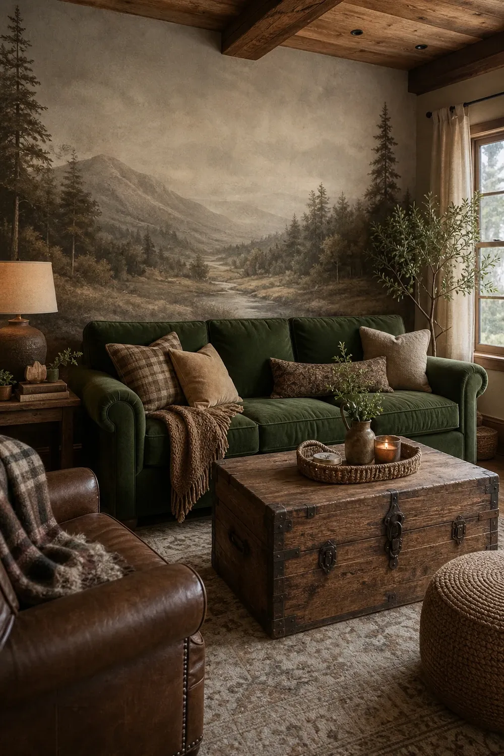 farmhouse with green couch in a living room