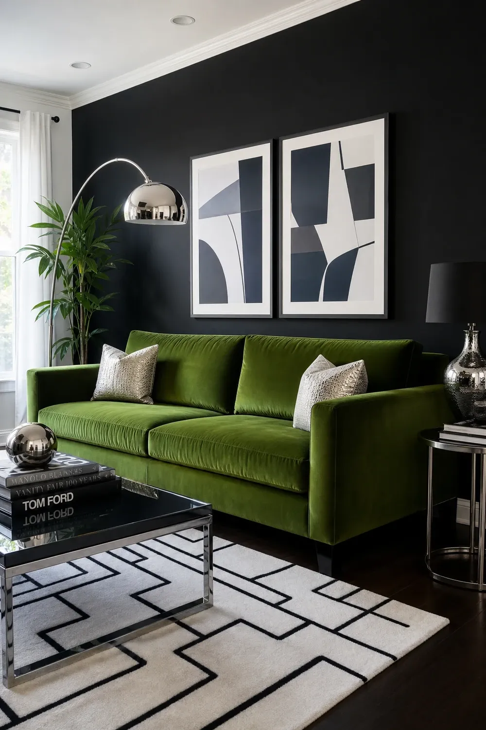 green and black contrast in a living room