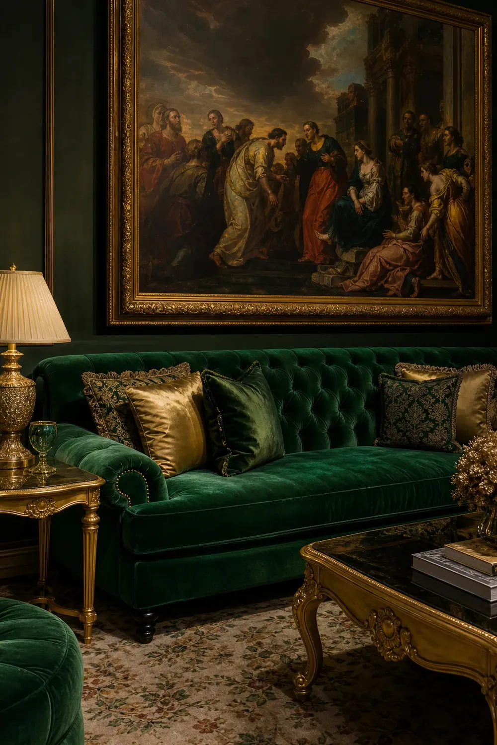 green and gold in a living room