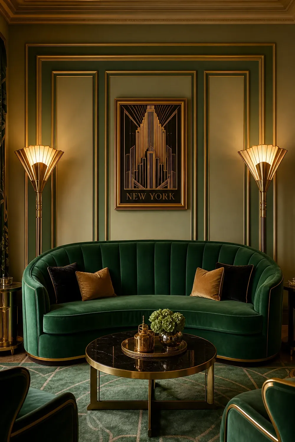 green couch in a neutral room in a living room