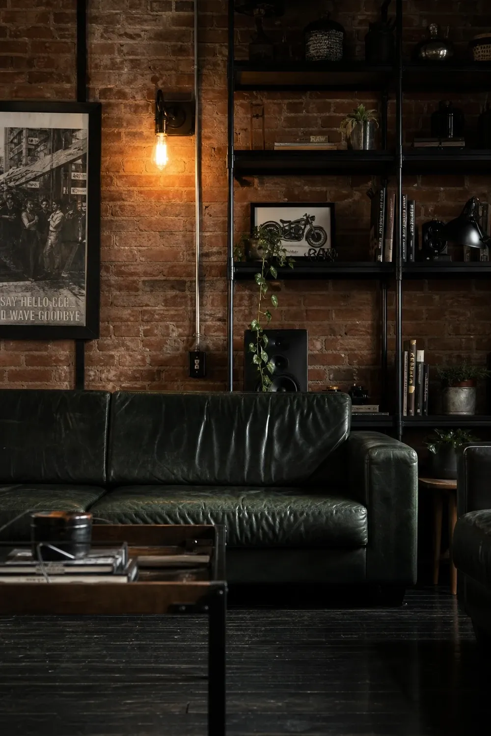 green couch with white walls in a living room