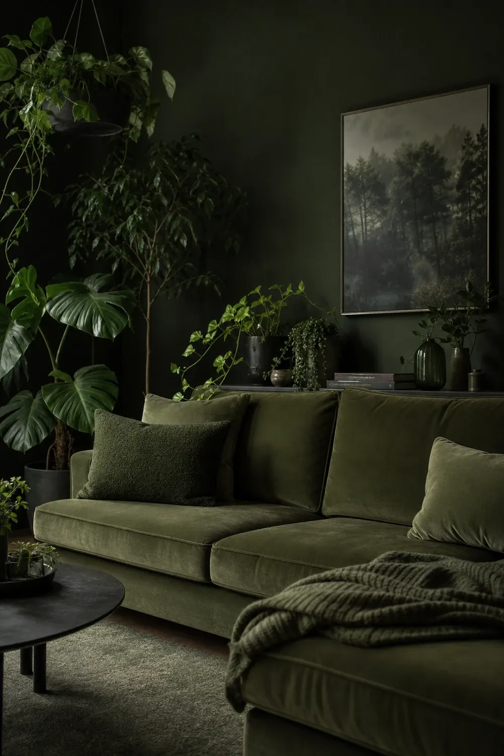 tone-on-tone green in a living room