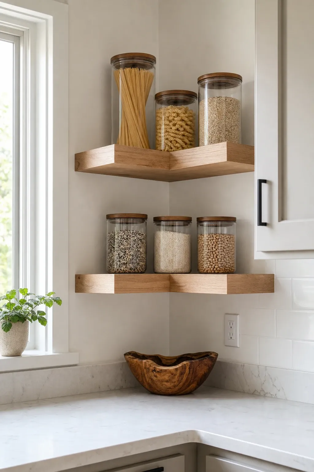decorative corner cabinet in a kitchen