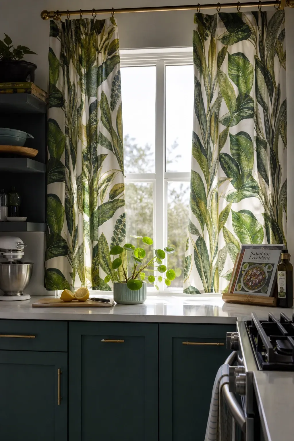 botanical print curtains in a kitchen