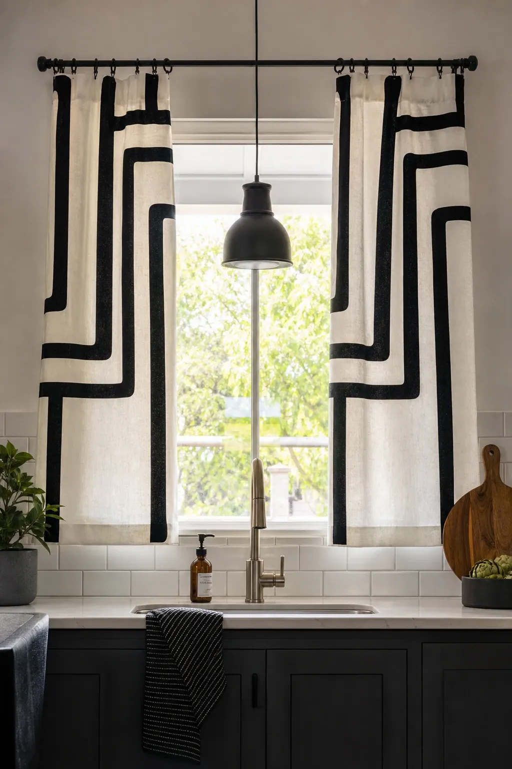 geometric print curtains in a kitchen