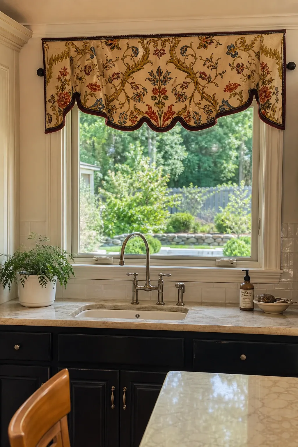 layered valance and shade in a kitchen