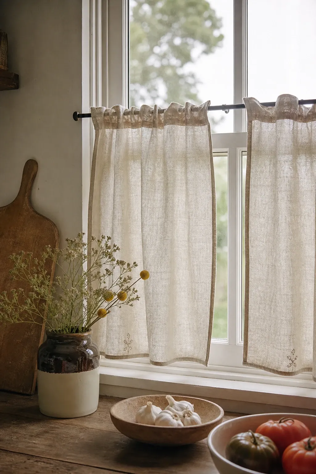linen cafe curtains in a kitchen