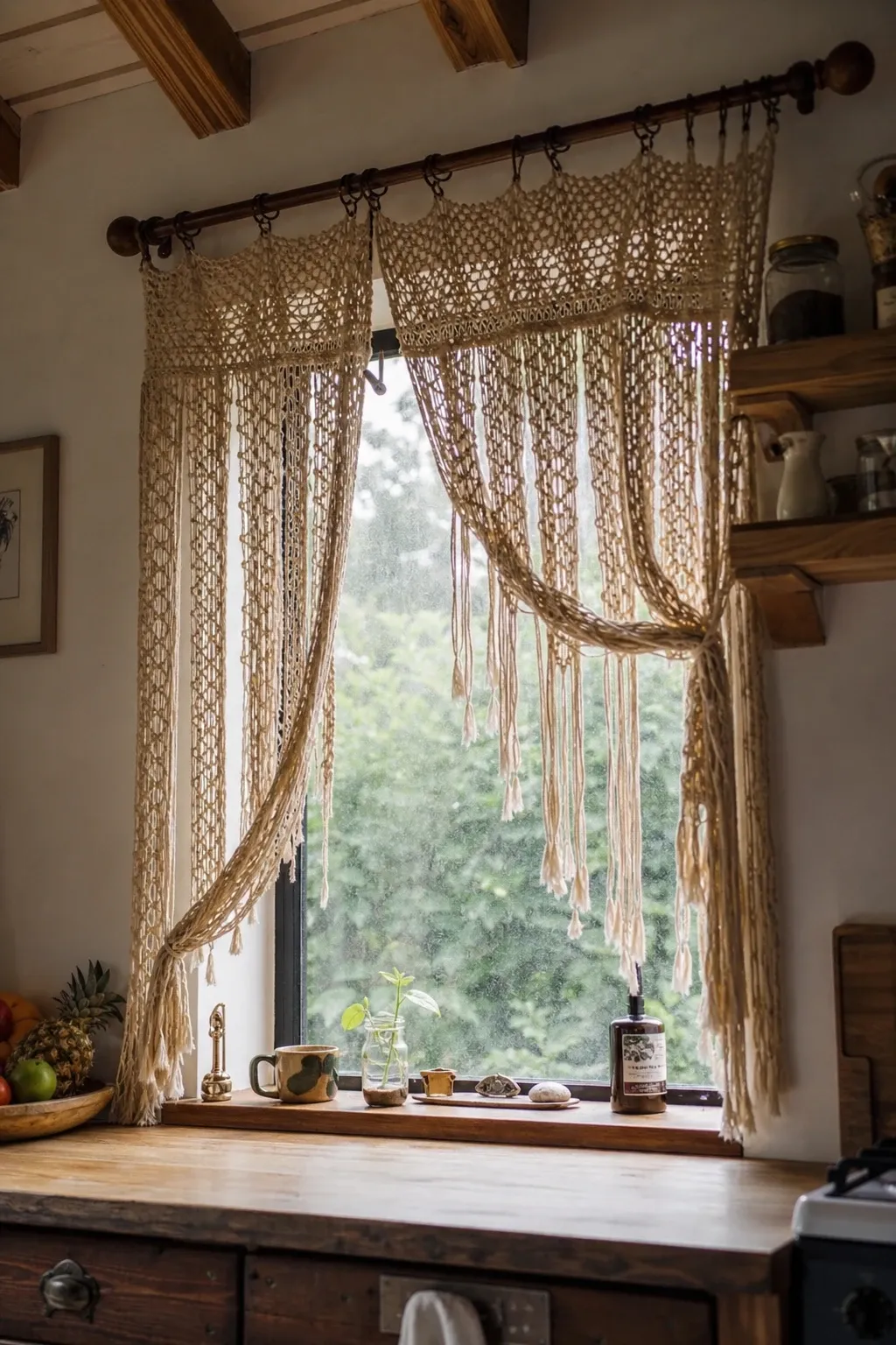 macrame valance in a kitchen