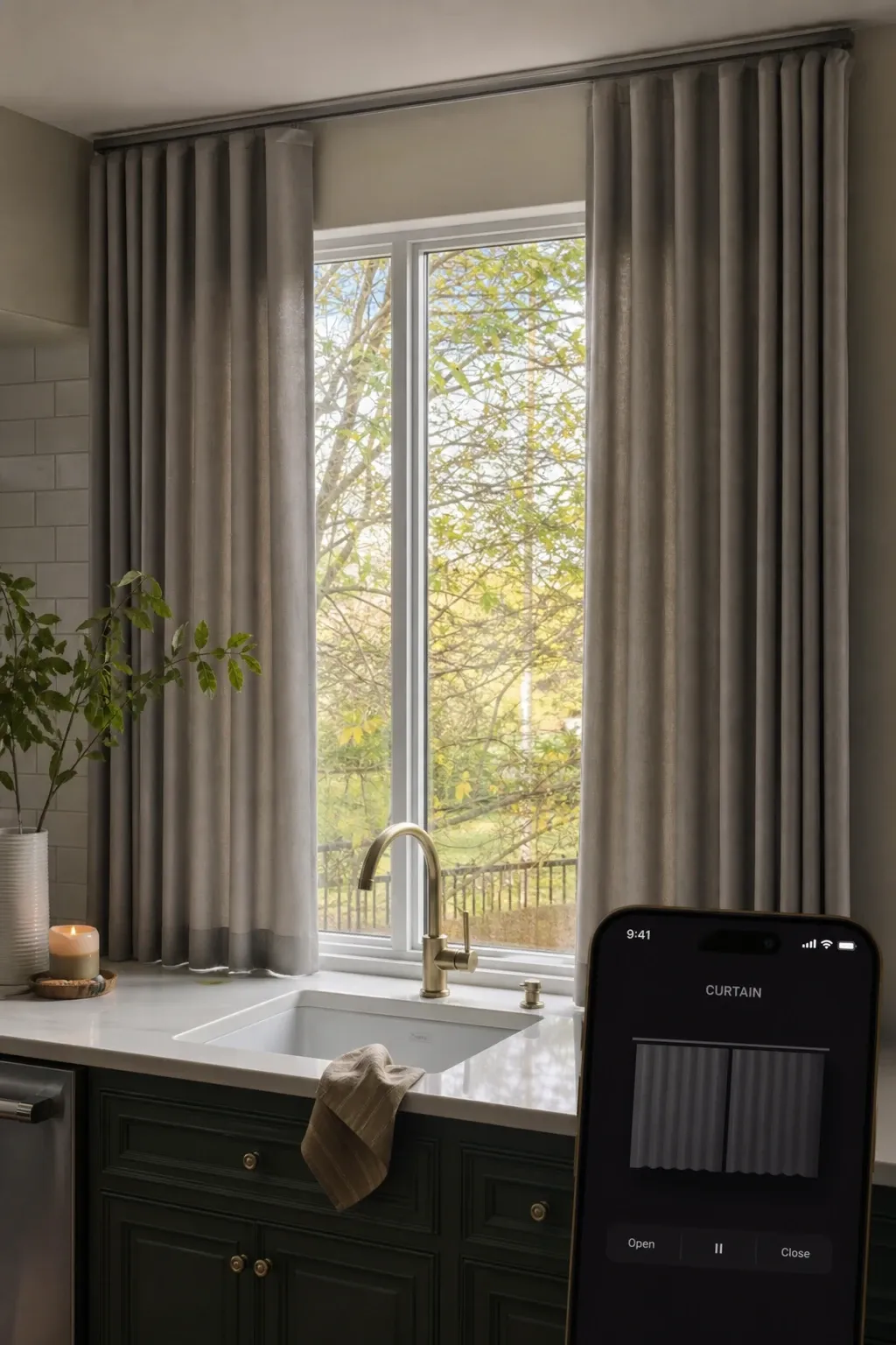 no-sew dish towel curtains in a kitchen