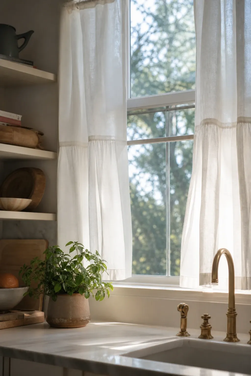 sheer white panels in a kitchen