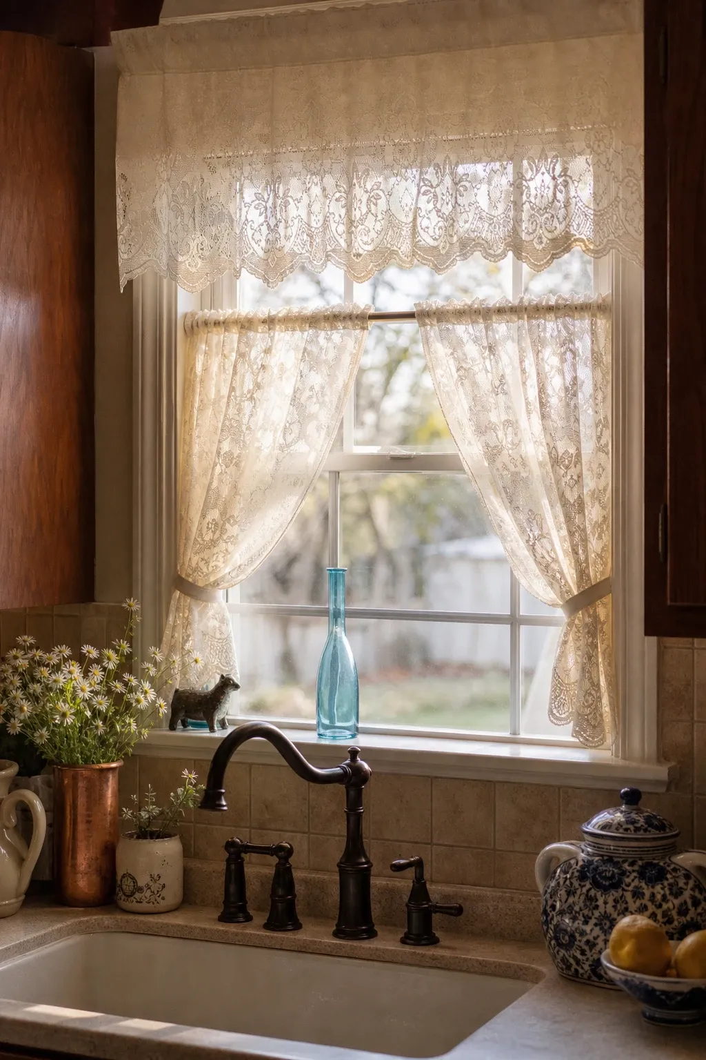vintage lace panels in a kitchen