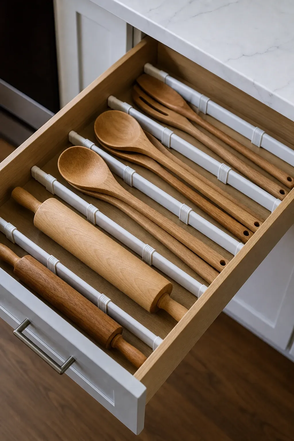 knife drawer with blade slots in a kitchen