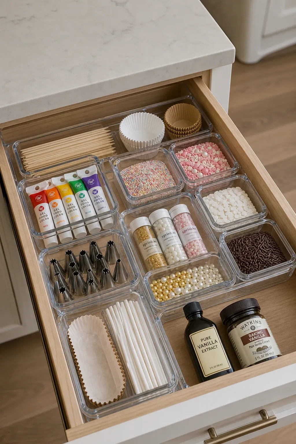 lined drawers in a kitchen