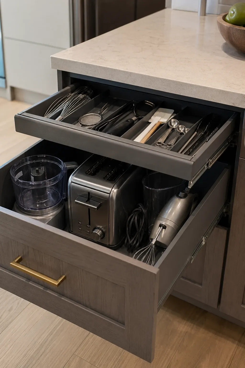 spice drawer with angled inserts in a kitchen