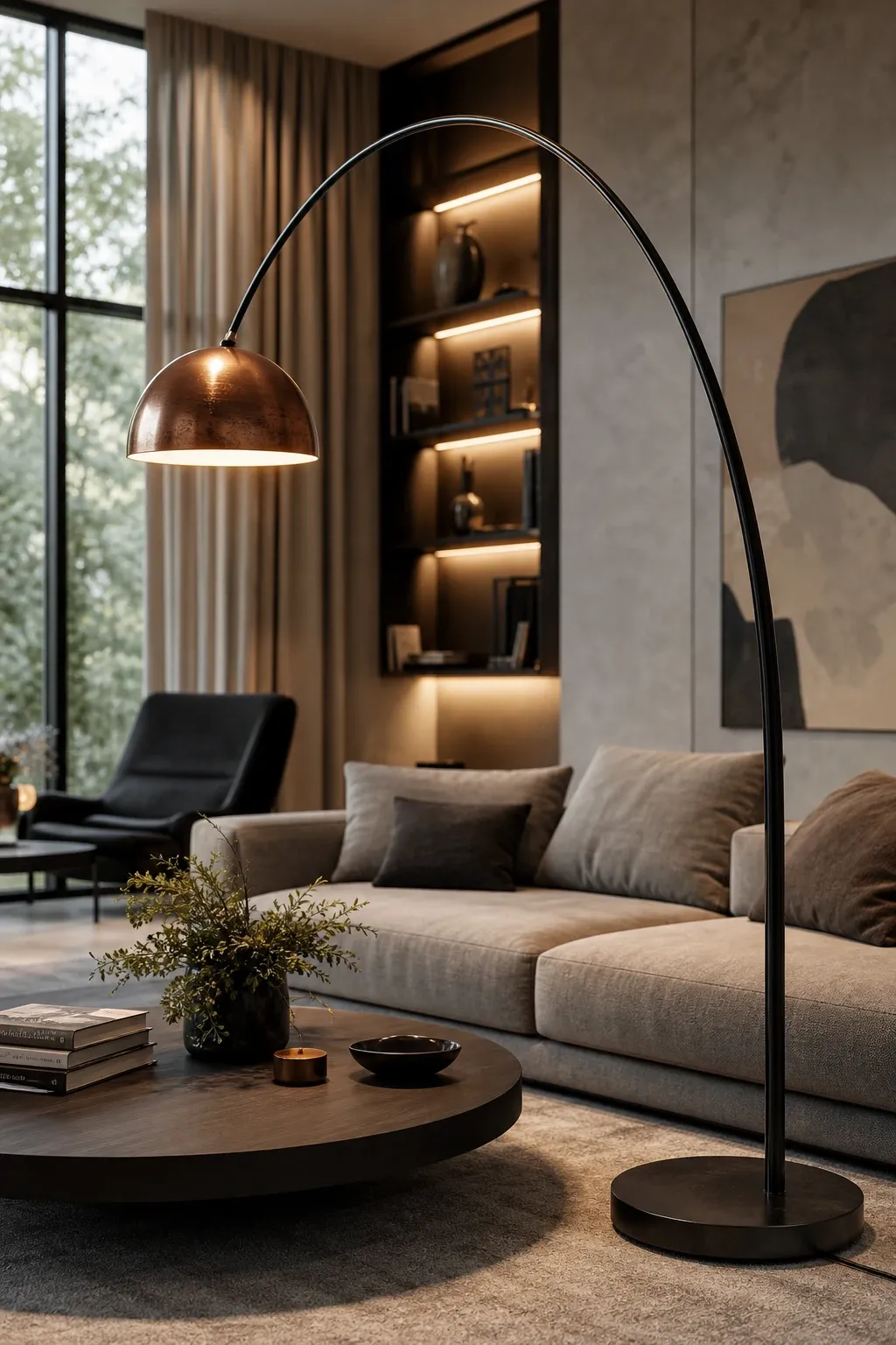 floor lamp with built-in shelf in a living room