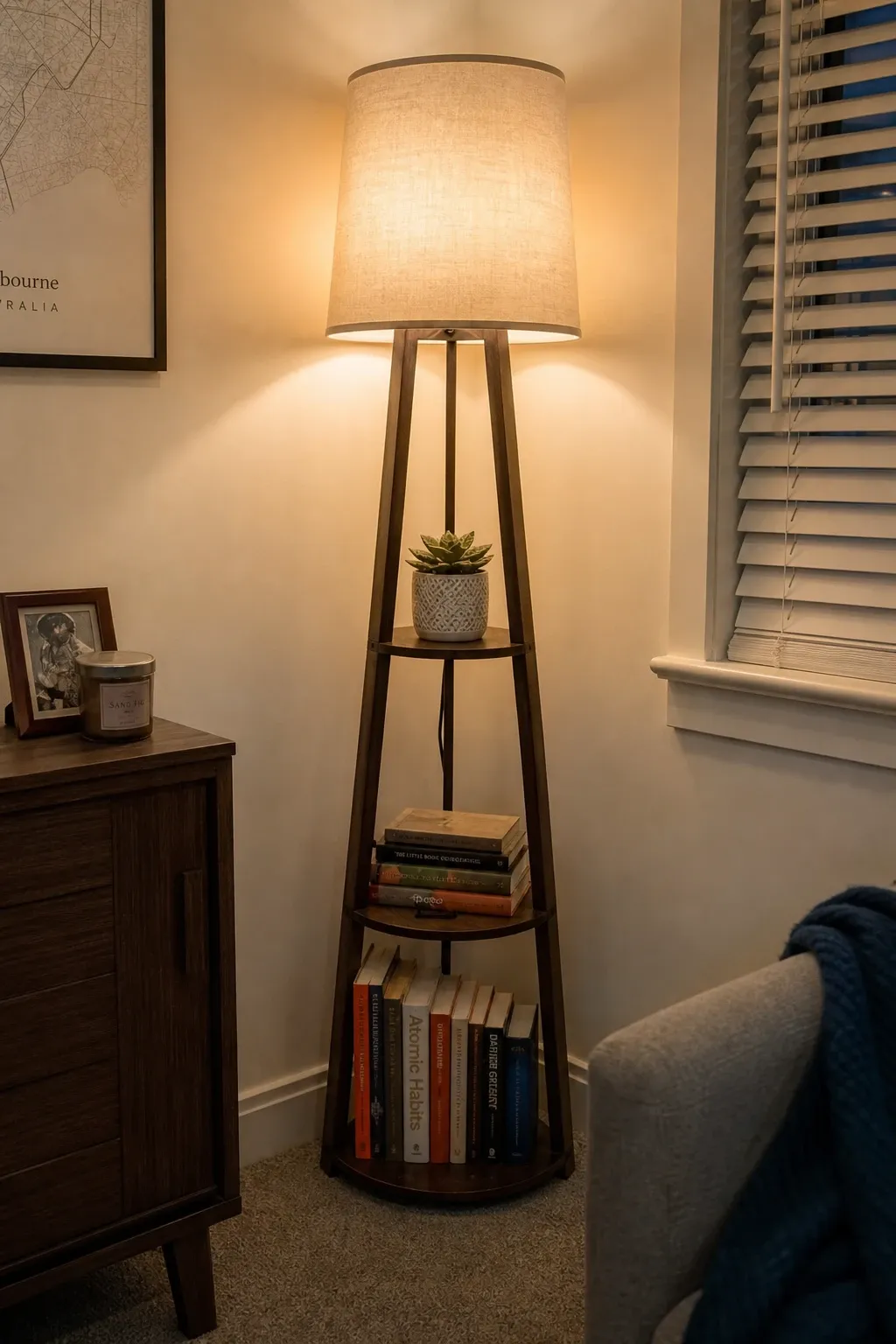 industrial metal floor lamp in a living room