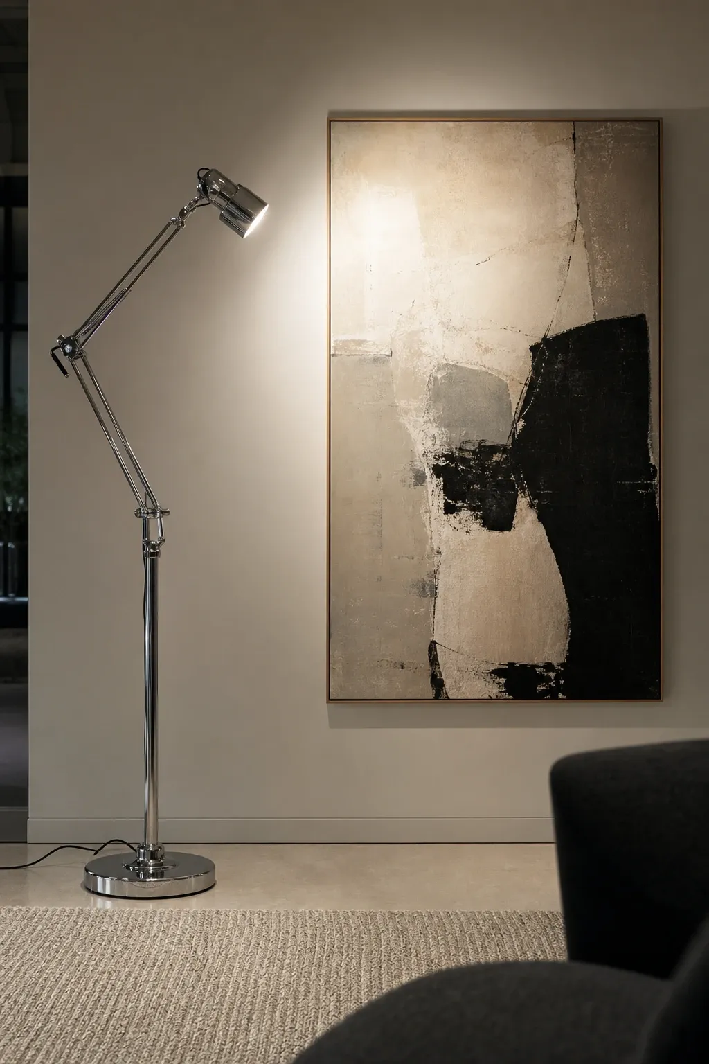 rattan or woven floor lamp in a living room